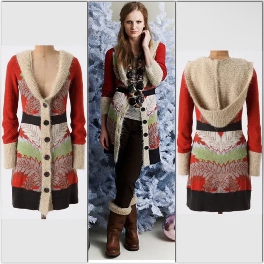 Anthropologie Holiday Sweatercoat Small 2 4 Fuzzy Hood + Trim Red Long Cardigan